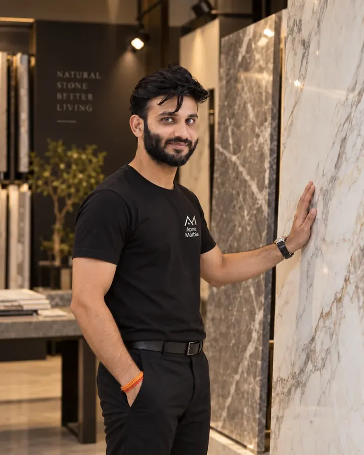 Yash, founder of Apna Marble, standing beside a marble slab